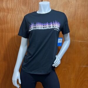 Columbia Women's Graphic T-Shirt Black Purple Forest Trees Outdoor Tee Size S